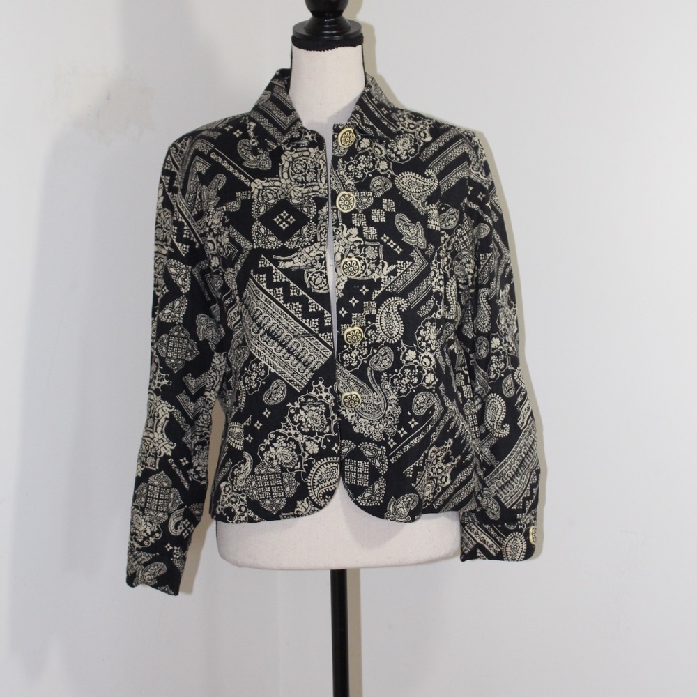 Vintage Coldwater Creek Silk Blend Paisley Print Blazer Jacket Tan & Black color